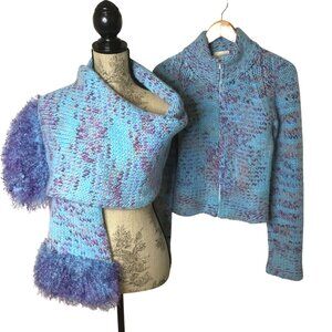 Italian Hand Knit 100% Cashmere Sweater Scarf Blue Lilac S Artisan Italy OOAK